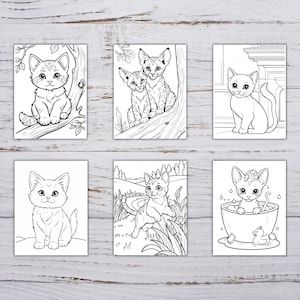 May include: Six black and white coloring pages featuring different cats. The first page shows a cat sitting on a branch. The second page shows two cats sitting on a branch. The third page shows a cat sitting on a window sill. The fourth page shows a cat sitting on the ground. The fifth page shows a cat sitting in a bathtub. The sixth page shows a cat sitting on a branch.