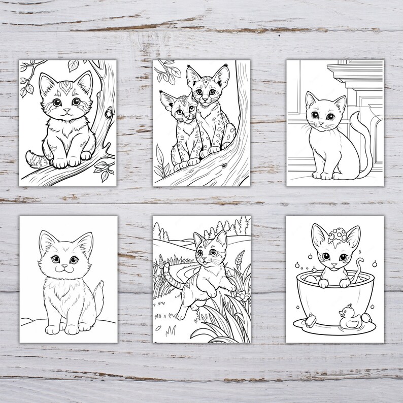May include: Six black and white coloring pages featuring different cats. The first page shows a cat sitting on a branch. The second page shows two cats sitting on a branch. The third page shows a cat sitting on a window sill. The fourth page shows a cat sitting on the ground. The fifth page shows a cat sitting in a bathtub. The sixth page shows a cat sitting on a branch.