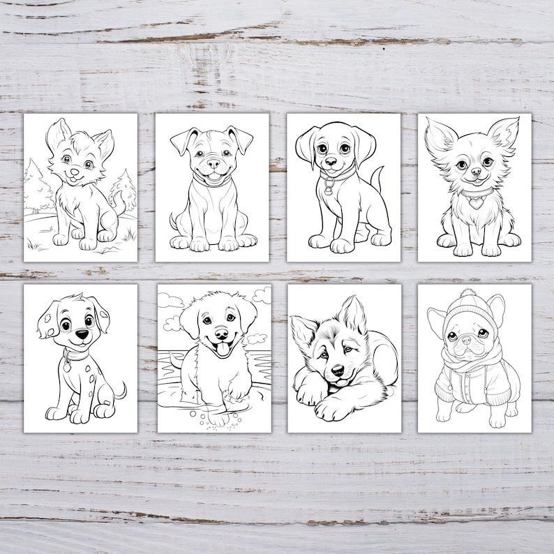 Puede incluir: Conjunto de ocho p&aacute;ginas para colorear imprimibles en blanco y negro con diferentes razas de perros. Cada p&aacute;gina presenta un lindo perro de dibujos animados en una variedad de poses.