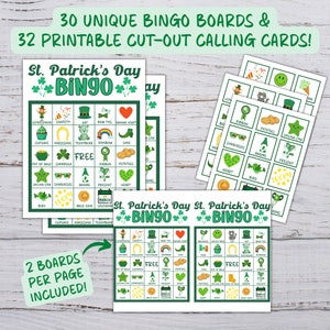 Puede incluir: Un juego de bingo imprimible del D&iacute;a de San Patricio con 30 tableros &uacute;nicos y 32 tarjetas de llamada. Los tableros presentan tr&eacute;boles verdes, monedas de oro y otras im&aacute;genes con tem&aacute;tica del D&iacute;a de San Patricio. Las tarjetas de llamada se recortan y presentan una variedad de im&aacute;genes, incluidos duendes, arco&iacute;ris y ollas de oro.