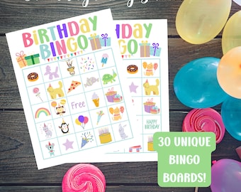 May include: A set of 30 unique birthday bingo cards with colorful illustrations of birthday-themed images, such as presents, cake, and balloons. The cards are printed on white paper and have a green border. The text "30 UNIQUE BINGO BOARDS!" is printed on a green rectangle.