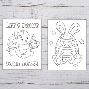 Pode incluir: Duas p&aacute;ginas para colorir em preto e branco. A primeira p&aacute;gina apresenta um pintinho segurando um pincel e uma paleta com o texto "Let's paint some eggs!" A segunda p&aacute;gina apresenta um ovo com orelhas de coelho com estrelas.