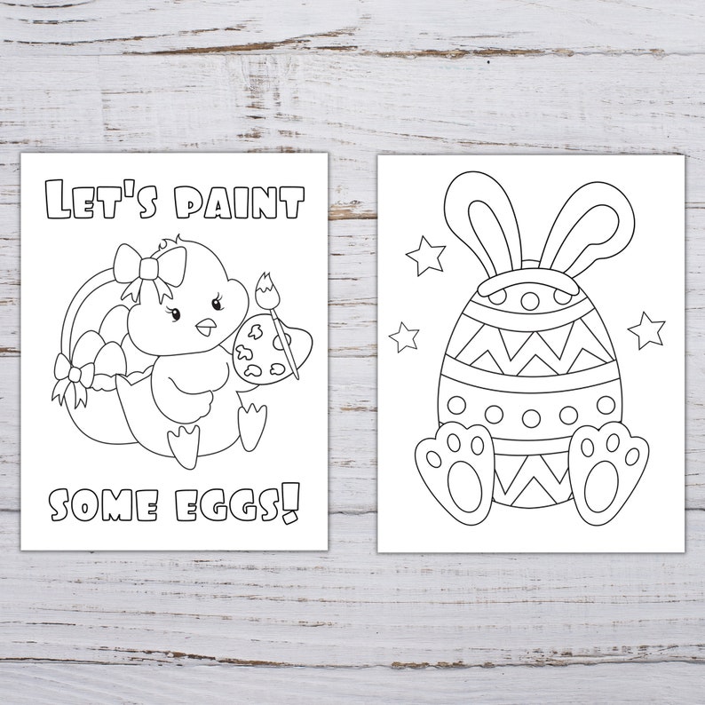 Pode incluir: Duas p&aacute;ginas para colorir em preto e branco. A primeira p&aacute;gina apresenta um pintinho segurando um pincel e uma paleta com o texto "Let's paint some eggs!" A segunda p&aacute;gina apresenta um ovo com orelhas de coelho com estrelas.