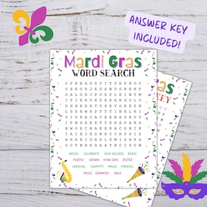 May include: A printable Mardi Gras word search puzzle with a colorful Mardi Gras theme. The puzzle features words related to the celebration, such as beads, king cake, and parades. The answer key is included.