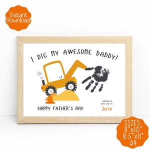 Manualidad con huellas de manos del Día del Padre, Tarjeta imprimible del Día del Padre, Regalo del Día del Padre de niños, Manualidad de excavadora, Tarjeta de camión de construcción de bricolaje para papá