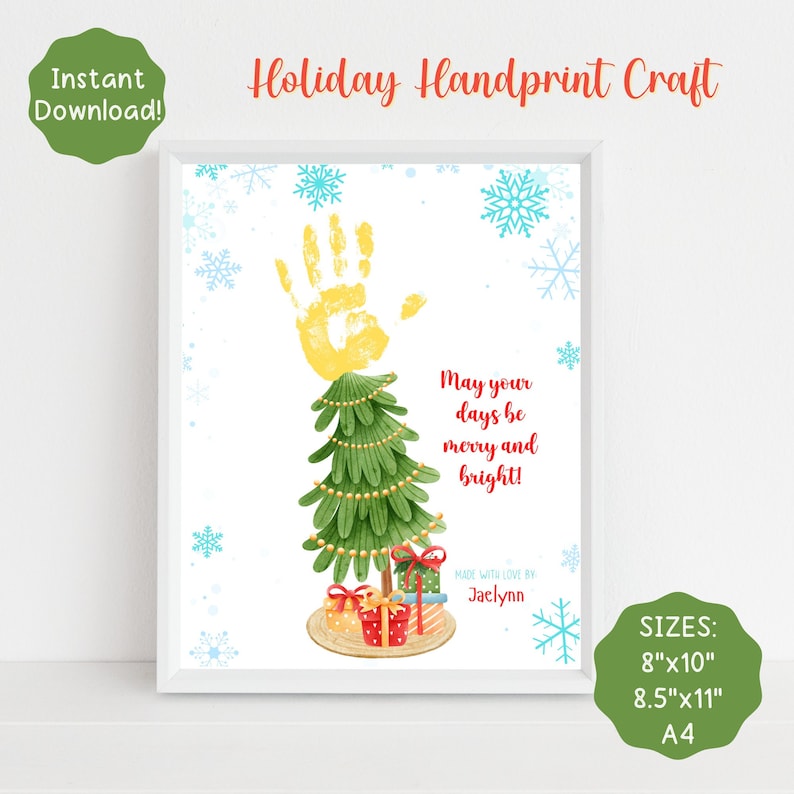 May include: A printable holiday handprint craft featuring a yellow handprint forming the top of a green Christmas tree with gold ornaments and red presents. The text reads "May your days be merry and bright!" and "Made with love by Jaclynn". The image is framed with a white border and a white background with blue snowflakes.