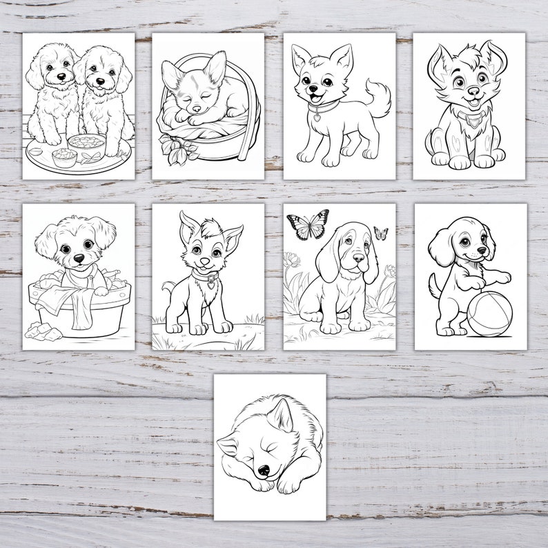 Puede incluir: Un conjunto de nueve p&aacute;ginas para colorear en blanco y negro que presentan varias razas de perros en diferentes poses. Los perros est&aacute;n representados en un estilo de dibujos animados con l&iacute;neas y detalles simples.