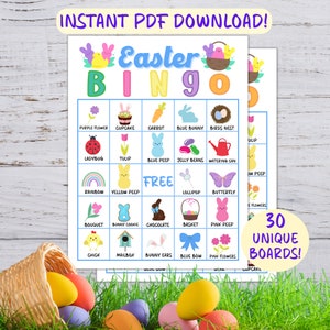 May include: A printable Easter Bingo game with 30 unique boards. The bingo card features images of Easter-themed items like a chick, a bunny, a basket, a blue bow, and a pink flower. The text "Easter Bingo" is at the top of the card.