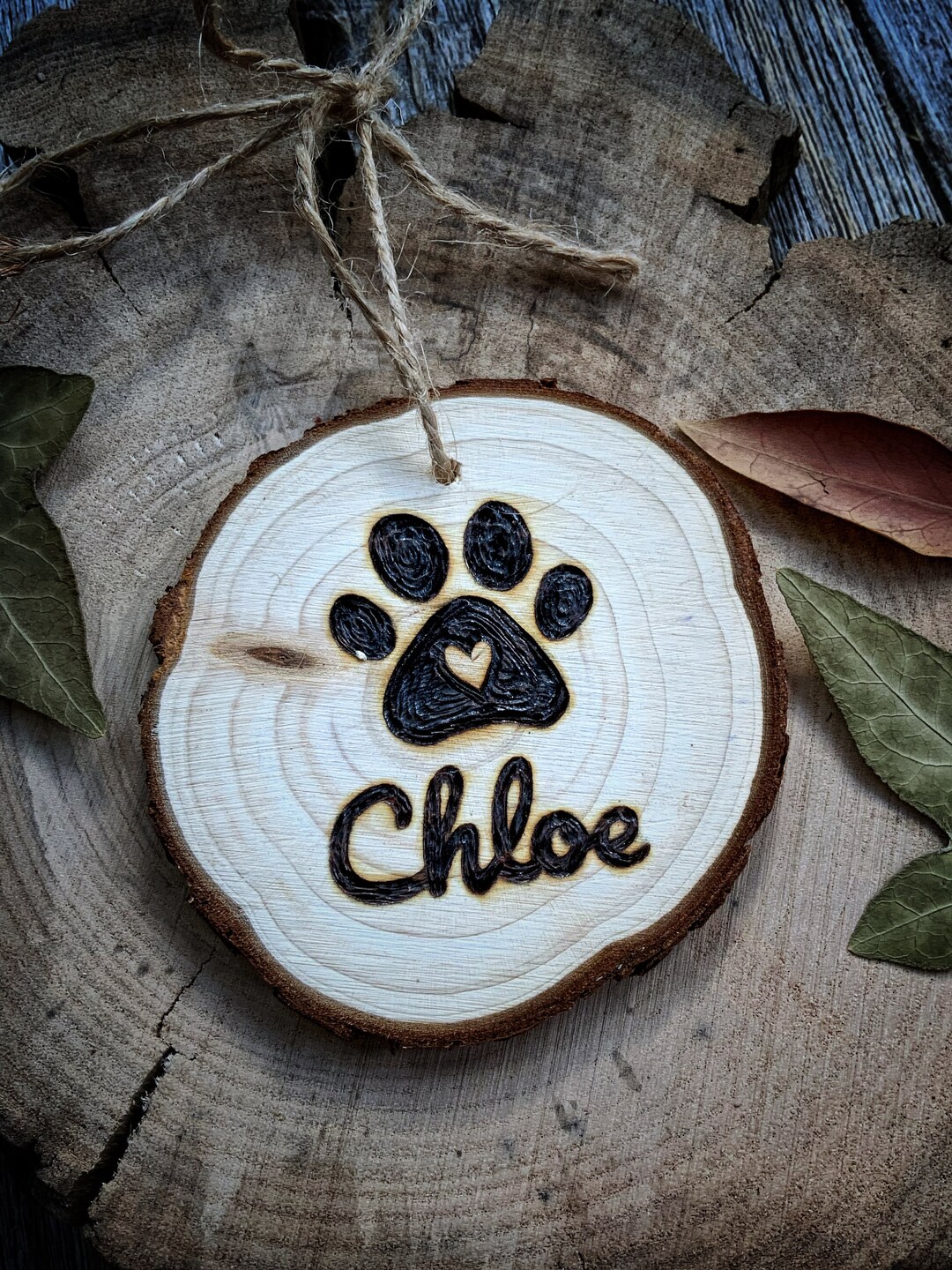 PAW PRINT Hand-burned Pyrography Ornament, Hand Drawn Wood Pet Name on ...