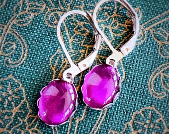 FUSCHIA dainty antique silver hand-painted stone victorian earrings