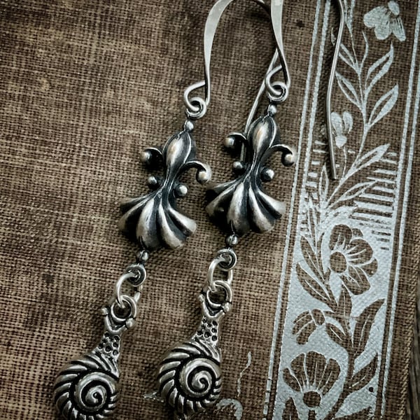 SILLY SNAILS antique silver one of a kind victorian dangle earrings