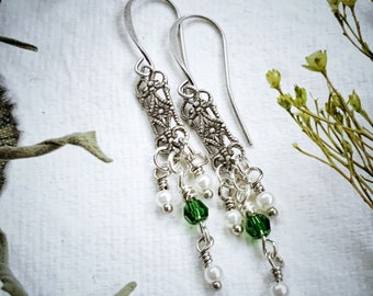 CASCADE antique silver and pearl vintage beaded earrings