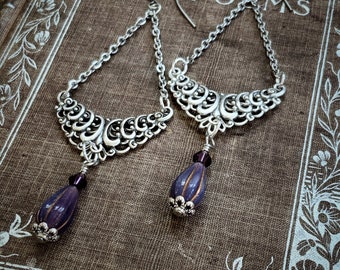 AUTUMNAL VIOLET antique silver chain and connector vintage beaded earrings