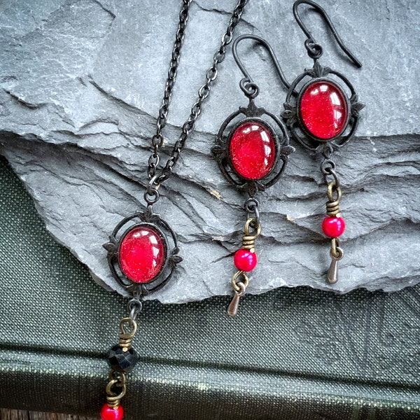 SHIMMERING SCARLET antique blackened bronze victorian jewelry set