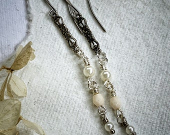 PALE PEARL antique silver and pearl vintage beaded one of a kind earrings