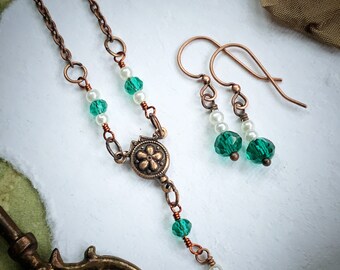 LUCK O’ THE IRISH copper vintage emerald necklace and matching earrings set