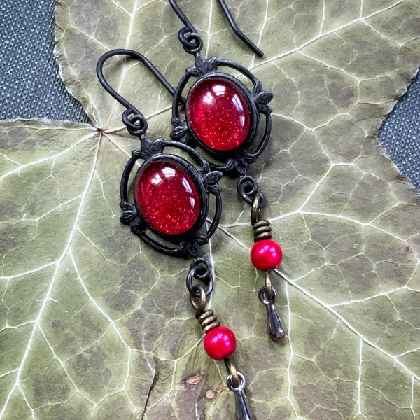 SHIMMERING SCARLET antique blackened bronze victorian earrings