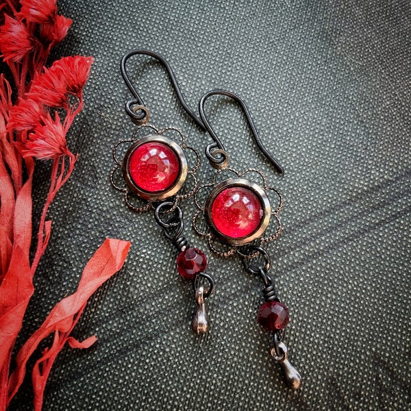 SCARLET LOVE antique blackened bronze hand-painted victorian earrings