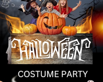 Könnte beinhalten: Halloween-Kostümparty-Einladung. Das Bild zeigt Kinder in Kostümen, Kürbisse und den Text "Halloween Costume Party". Das Datum "31. Oktober" wird ebenfalls angezeigt. Ein Hund in einem Geisterkostüm hält einen geschnitzten Kürbis.