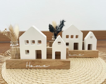 Gift set | Decoration | Houses on wooden strip with dried flowers