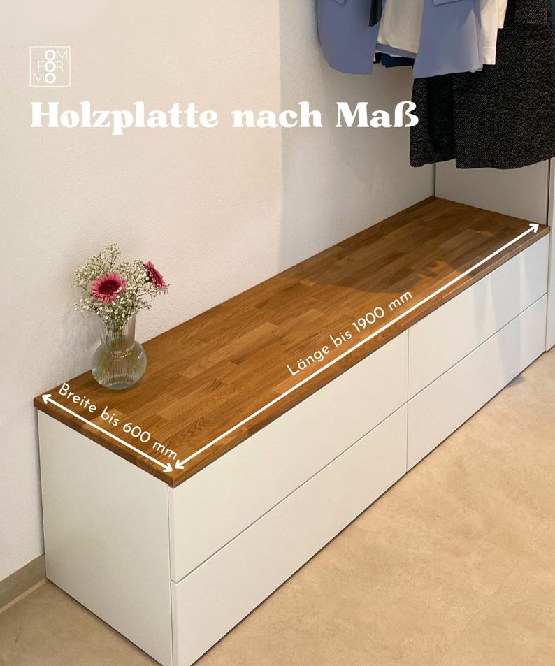 Titelbild für Holzplatten nach Maß aus Massivholz aus Eiche in Natur geölt auf einem IKEA Platsa als Beispiel. Maximale Breite sind 600 mm und die maximale Länge sind 1900 mm.