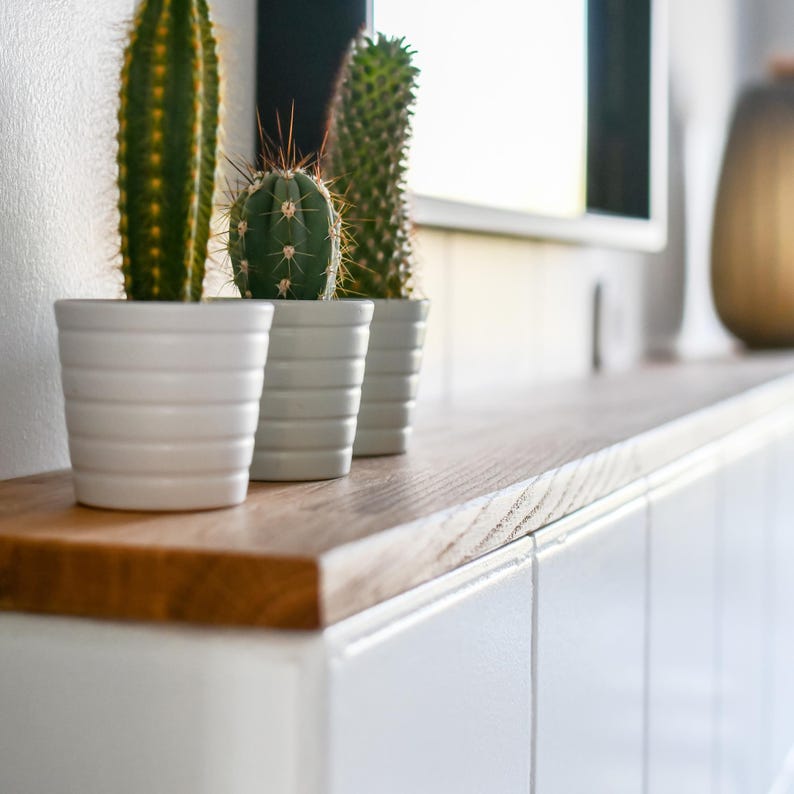 Beispiel für ein Projekt mit einer Deckplatte nach Maß von Omformo. Hier als Badablage für einen Vorsprung in der Wand. Dekoriert mit Pflanzen und einer Lampe um ein Wohnbeispiel für ein schlichtes Bad darzustellen.