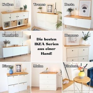 Collage verschiedener Standarddeckplatten von Omformo für bekannte IKEA Möbel wie Kallax, Trofast, Besta, Knoxhult, Hemnes, Bissa, Malm und Gladom um das Sortiment darzustellen.