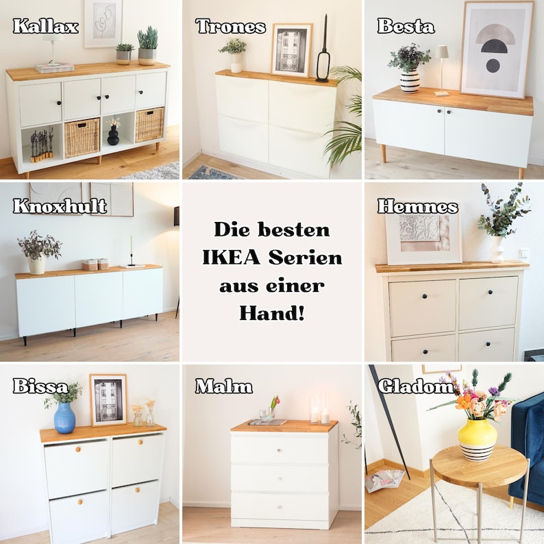 Collage verschiedener Standarddeckplatten von Omformo für bekannte IKEA Möbel wie Kallax, Trofast, Besta, Knoxhult, Hemnes, Bissa, Malm und Gladom um das Sortiment darzustellen.