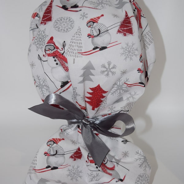 White, red and silver snowman scrub cap, nurse, doctor, scrub hat, surgical cap