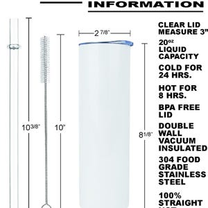 K&ouml;nnte beinhalten: Wei&szlig;er isolierter Becher mit transparentem Deckel, Strohhalm und Reinigungsb&uuml;rste. Der Becher ist 20,6 cm hoch, 7,3 cm breit und fasst 591 ml. Er h&auml;lt Fl&uuml;ssigkeiten 24 Stunden kalt und 8 Stunden hei&szlig;. Aus Edelstahl.