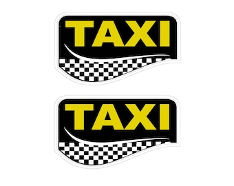 May include: Two black and white checkered taxi stickers with the word "TAXI" in yellow letters.