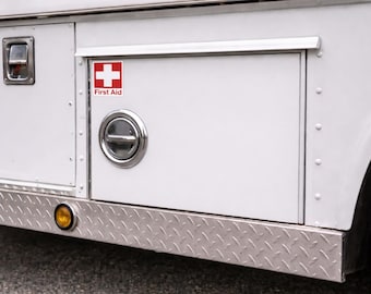 First Aid Decal Pair 2x2.5 Emergency Medical Sticker Car Truck Taxi Bus Safety Label Waterproof Vinyl Made in USA PAIR OF (2) p35