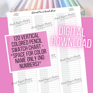 May include: A printable digital download of a 120 vertical colored pencil swatch chart. The chart has space for color names only, with no numbers. The chart is designed for use with colored pencils and is perfect for artists and crafters.