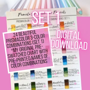 Puede incluir: Una impresión de descarga digital con 24 combinaciones de 3 colores Prismacolor. La impresión incluye combinaciones de colores pre-muestreadas con nombres y el texto "Descarga digital" en rosa. Se ven lápices en el fondo.