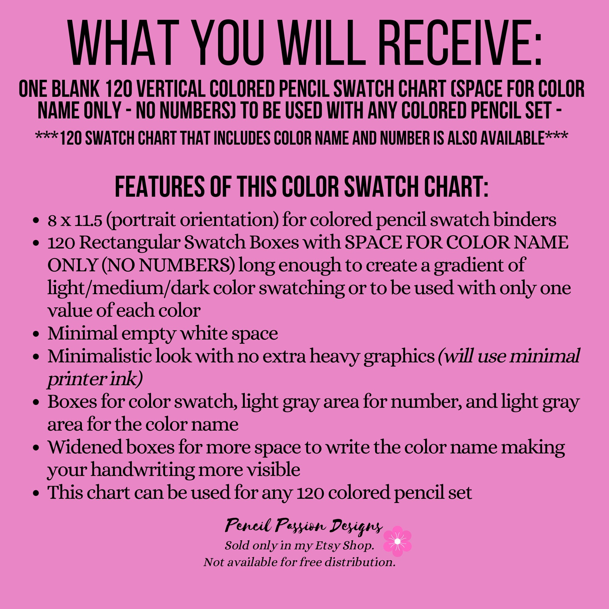 120 Colored Pencil Swatch Chart Name ONLY (no Color Numbers) *listing