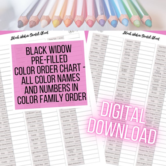 180 Black Widow Pre-filled Color Chart Names and Numbers Pre-filled in Color  Family Order 