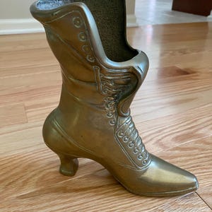 Vintage Large Brass Victorian Boot Doorstop Silk Flower Vase