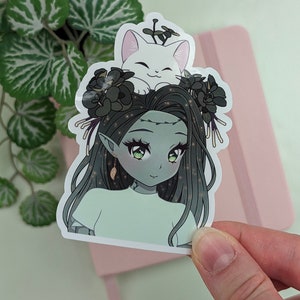 PLANT GIRL with Cat Sticker, Green Anime Girl Sticker, Alien Elf Sticker, Cute Anime Manga Style Art, Cool Laptop Sticker, Waterproof Vinyl