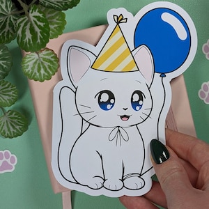 CAT BIRTHDAY CARD, Cute Kitty Greeting Card for B-Day, Happy Birthday Greetings, Kawaii Cat Drawing, Unique Cut-Out Greeting Postcard