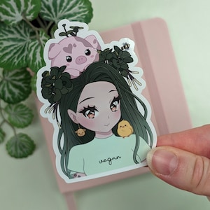 VEGAN GIRL Sticker, Animal Lover Sticker, Veganism Sticker, Cute Anime Manga Style Art, Laptop Sticker, Waterproof Vinyl, Pig & Chicken