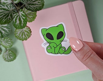 Alien Cat Vinyl Sticker, Green Kitten Art