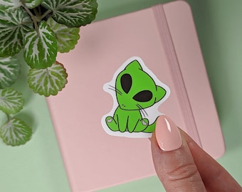 Green Alien Cat Vinyl Sticker, Kawaii Spacey Art
