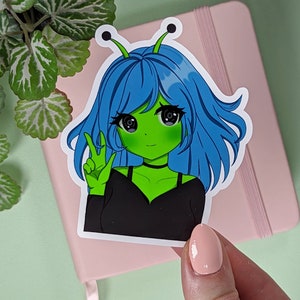 ALIEN GIRL Sticker, Peace Sign Anime Girl Sticker, Kawaii Chibi Style, Cute Alien Stationery, Vinyl Anime Laptop Sticker, Anime Manga Art