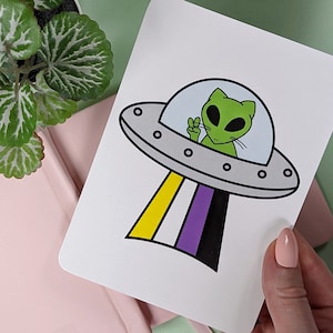 Alien Cat UFO NONBINARY PRIDE Print | Non-Binary Pride | Queer Art Print | Lgbtq Greeting Card | Pride Postcard | Rainbow Wall Decor