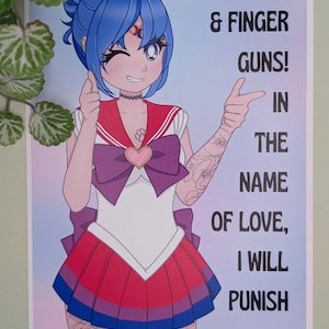 SAILOR BI Art Print, Bisexual Pride Print, A5, Funny Finger Guns Meme, Gay Magical Girl, Tattooed Woman, Cute Anime Manga Style Wall Decor