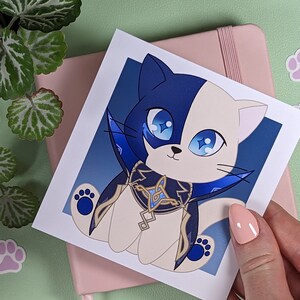 DAINSLEIF Art Print, Genshin Impact Poster, Cute Wall Decor Card, Mini Print of Kawaii Cat, Semi-Glossy Square Chibi Fan Art, Genshin Lore