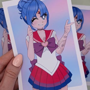SAILOR BI Art Print, Bisexual Pride Print, A6, Funny Finger Guns Meme, Gay Magical Girl, Tattooed Woman, Cute Anime Manga Style Wall Decor