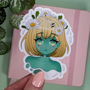 DAISY GIRL Sticker, Lord Gris DTIYS #DaisyRedraw, Draw this in your style entry,  Kawaii Flower Woman Sticker, Green Aesthetic Anime Art