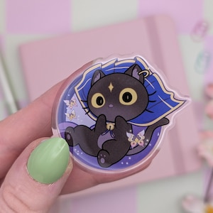 May include: A clear acrylic charm depicting a black cat with yellow eyes, a blue cape, and a gold star. The cat sits on a purple background with butterflies and flowers. The charm is round and has a glossy finish.