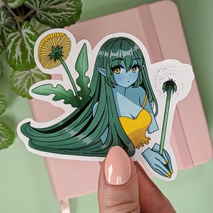 DANDELION GIRL Sticker, Lord Gris DTIYS #DandyRedraw, Draw this in your style entry,  Kawaii Flower Woman Sticker, Green Aesthetic Anime Art